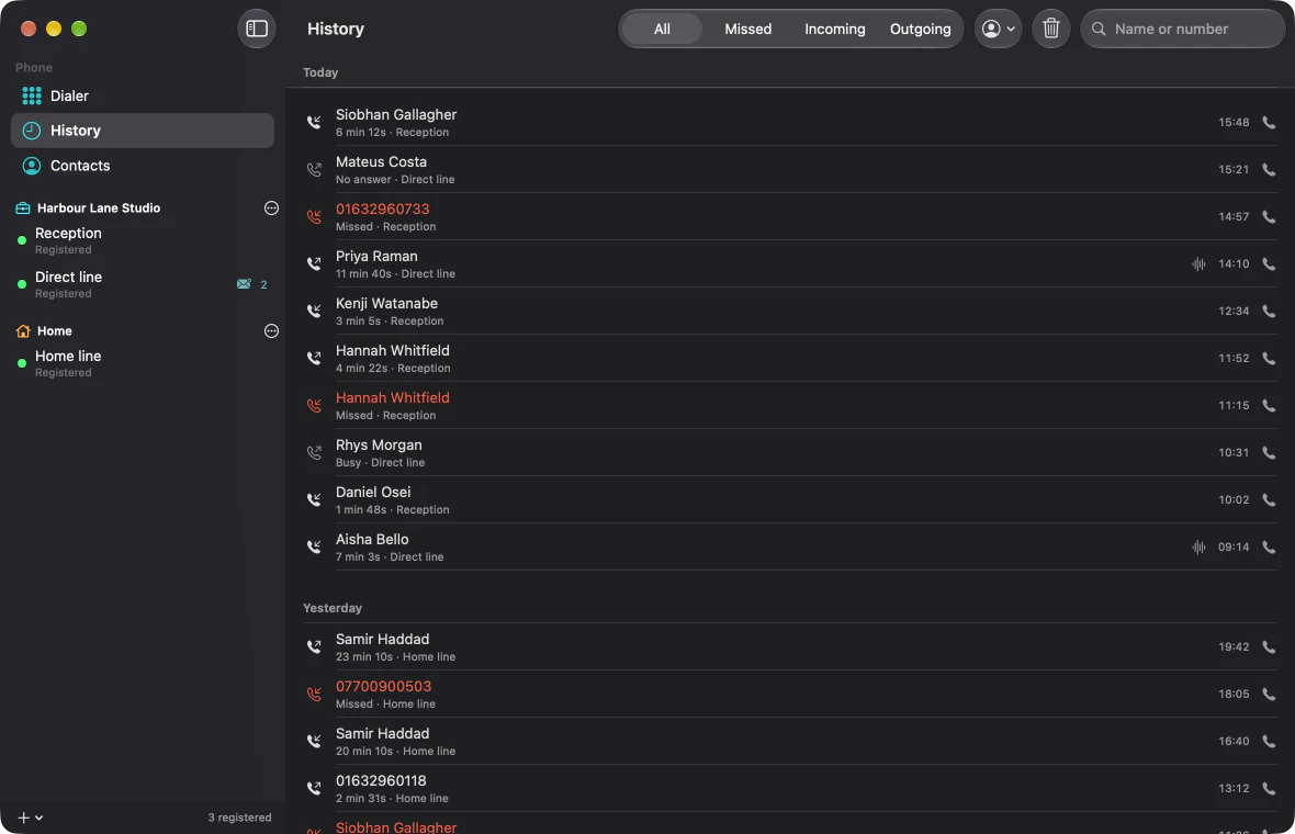 Sipper's call history for today and yesterday: completed, missed, unanswered and busy calls with their lines and durations, two of them recorded.