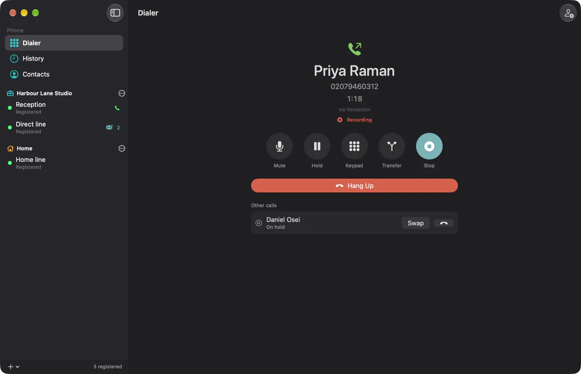 Sipper during a call with Priya Raman: the call timer, recording on, buttons for mute, hold, keypad, transfer and stopping the recording, and Daniel Osei waiting on hold with a Swap button.