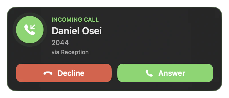 Sipper's incoming call alert: Daniel Osei calling via the Reception line, with Decline and Answer buttons.