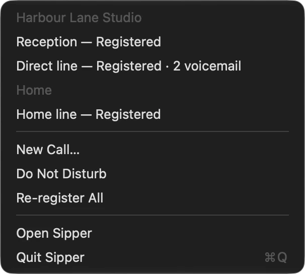 Sipper's menu bar menu listing lines by profile, all registered, with two voicemails waiting on one, followed by New Call, Do Not Disturb and Re-register All.